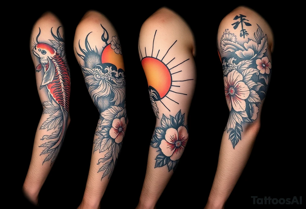 arm sleeve with a koi fish, tiger, sun, and a cherry blossom filler tattoo idea