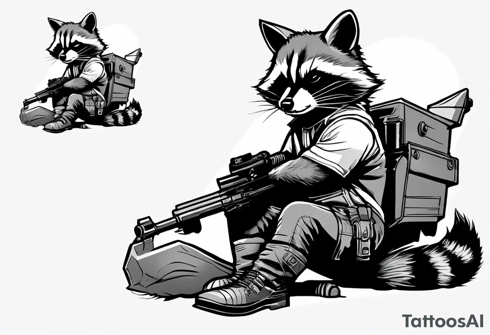 Rocket raccoon sitting with a small black  house cat tattoo idea