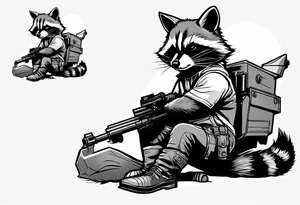 Rocket raccoon sitting with a small black  house cat tattoo idea