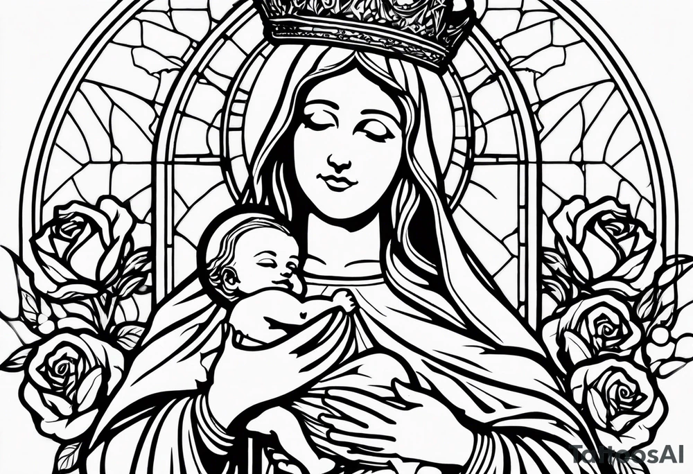 blessed virgin mary holding baby jesus with crown with roses and stained glass windows tattoo idea