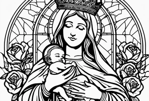 blessed virgin mary holding baby jesus with crown with roses and stained glass windows tattoo idea