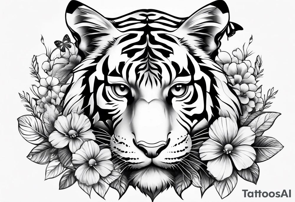 tiger, 3 butterflies, flowers for ladies thigh / hip shaded tattoo idea