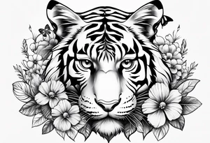tiger, 3 butterflies, flowers for ladies thigh / hip shaded tattoo idea