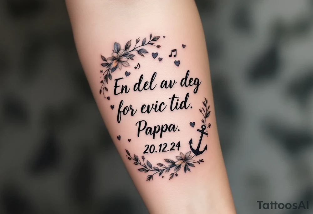 Quote: "En del av deg for evig tid. 
Pappa 20.12.24"
Surround the quote with delicate gladious, notes, hearts and an anchor tattoo idea
