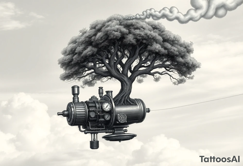 tree growing out of a v shaped engine with lots of pipes, guages and steam around the engine 
 with a smoke stack coming out of the top 
 billowing black smoke as if the tree and engine were a flying machine flying through the air 
 with an extreme steam punk vibe alot more steam punk 
it should look somewhat like a hot air baloon where the tree is the balloon and the machine is the basket but they are together as one unit, and the sky should have clouds in the back ground as if it were chugging along flying through the sky and needs to look extremely steam punk
the smoke stack should be coming out of the tree and the smoke should be trailing behind the machine 
the tree is the actual smoke stack for the machine 
the smoke stack should be a branch pointing up and out with smoke billowing out of it 
and the motor should be a motor that is kind of shaped like the letter V tattoo idea