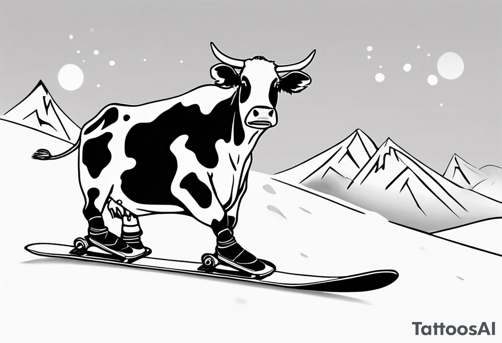 Generate a minimalist and simple black and white tattoo design featuring a joyful cow snowboarding, wearing goggles. Focus on essential lines and details to convey the playful spirit of the scene. The cow should exude confidence while effortlessly snowboarding down a snowy slope. Keep the design clean and uncluttered, suitable for a small to medium-sized tattoo space. Emphasize the charm and whimsy with the addition of goggles, ensuring the overall aesthetic remains simple and minimalistic. The goal is to create a visually appealing and easily recognizable tattoo that captures the essence of a cow enjoying a snowboarding adventure tattoo idea