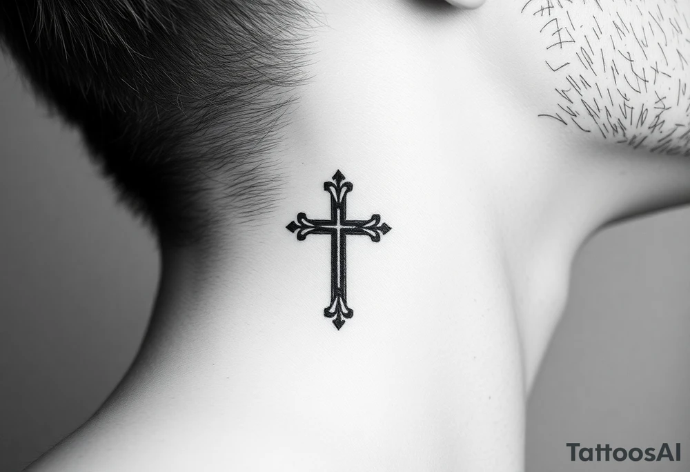 orthodox christian cross relatively small on side of left neck tattoo idea