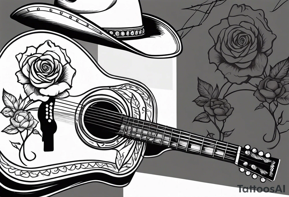 Country acoustic guitar with cowboy hat, barbed wire and roses in background tattoo idea
