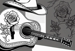 Country acoustic guitar with cowboy hat, barbed wire and roses in background tattoo idea