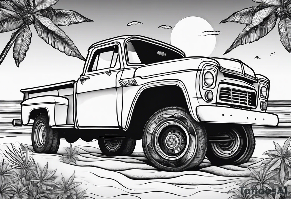 Beach theme, sunset, classic truck, marijuana leaf tattoo idea