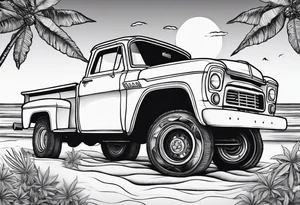 Beach theme, sunset, classic truck, marijuana leaf tattoo idea