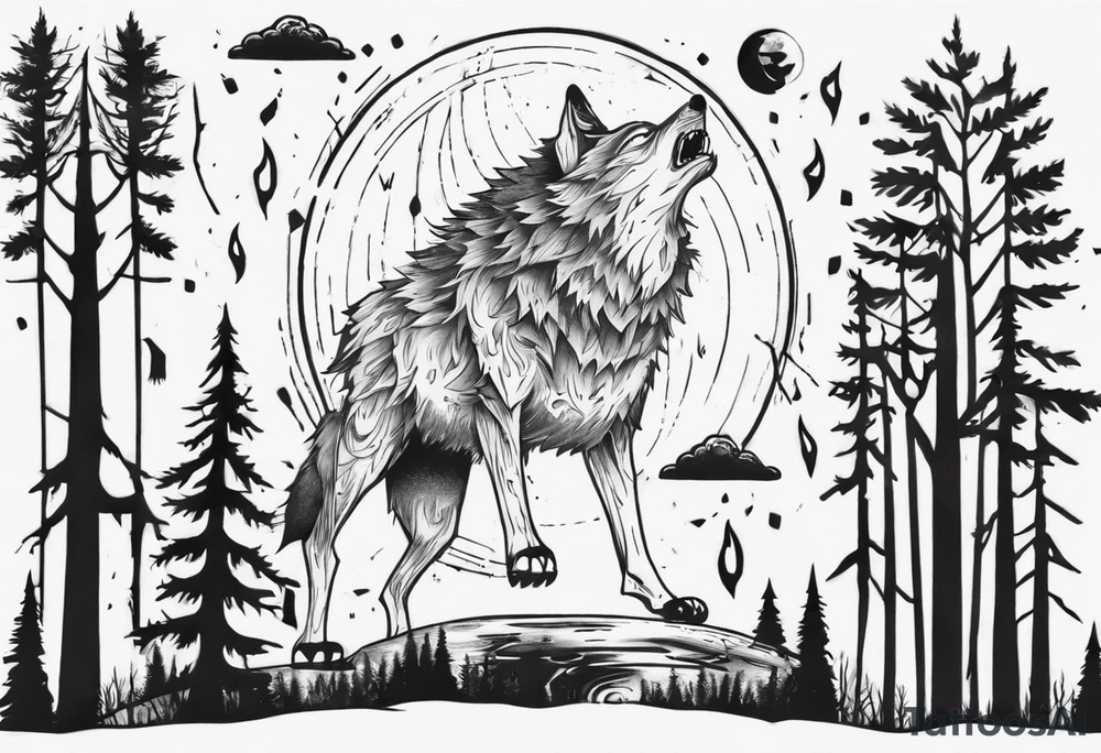 thunderstorm over a forest with a wolf howling on drums tattoo idea thunderstorm over a forest with a wolf howling on drums tattoo idea