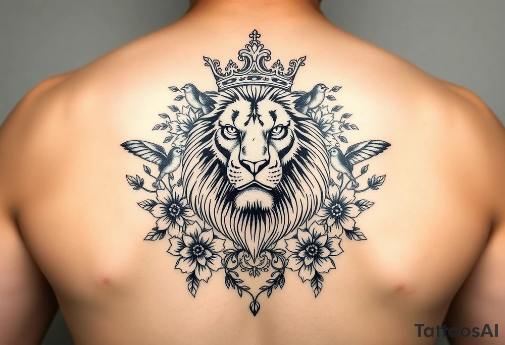 powerful majestic lion with a crown, surrounded by floral ornaments and birds tattoo idea