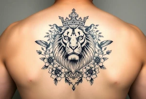 powerful majestic lion with a crown, surrounded by floral ornaments and birds tattoo idea