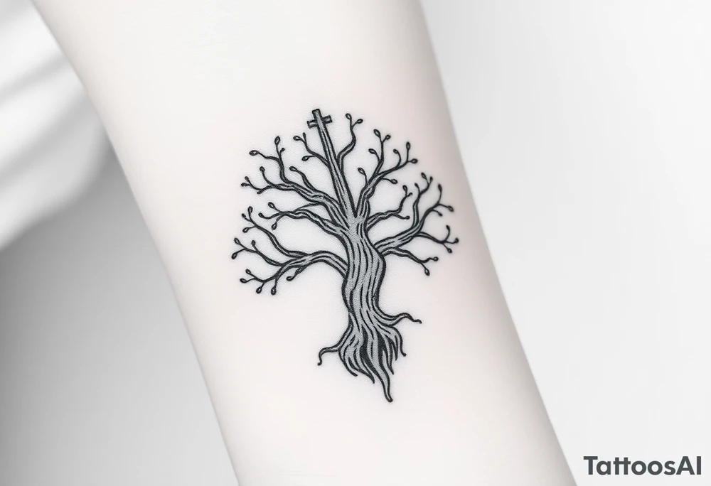 Family of 4 intertwined with weathered cross like a tree tattoo idea
