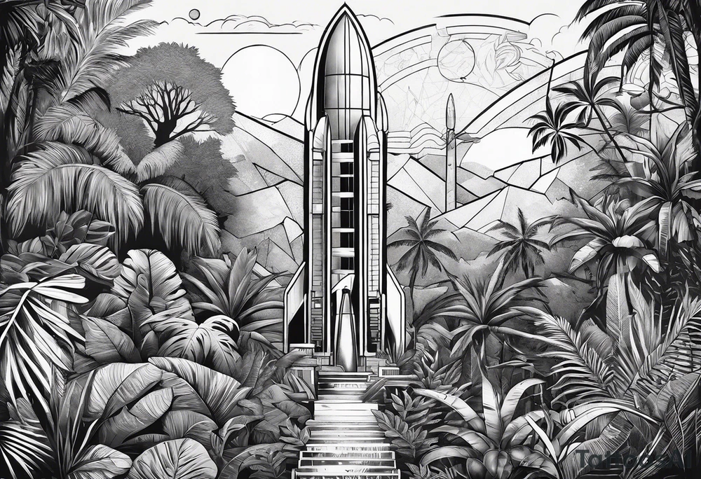 vintage jungle with rocket tattoo idea