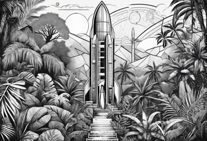 vintage jungle with rocket tattoo idea