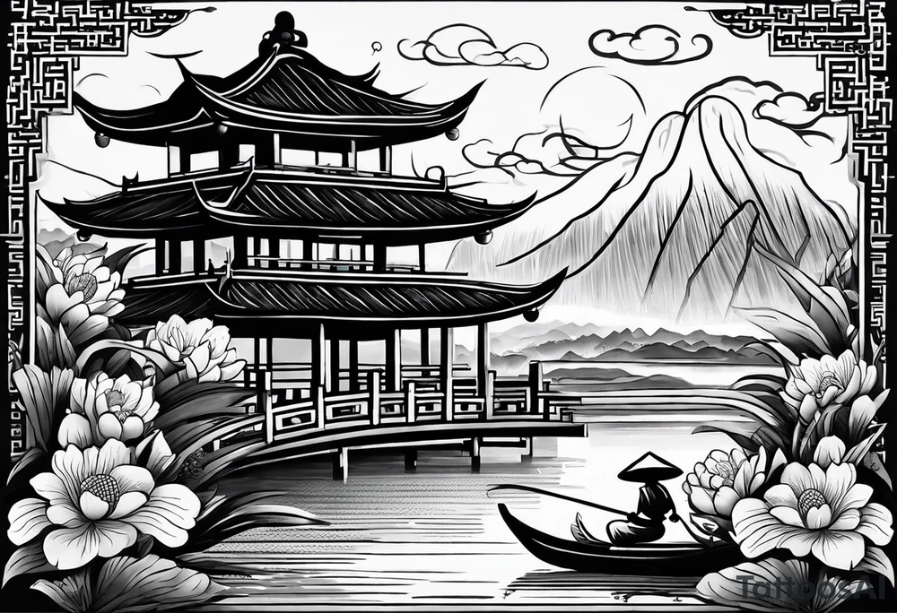 A black Vietnamese tattoo design featuring intricate depictions of sacred animals like the dragon and turtle intertwined with majestic mountains and lush rice fields. Incorporate iconic elements such as the conical straw hat floating above, surrounded by blooming lotus flowers and traditional silk lanterns. The tattoo reflects the essence of Vietnam's breathtaking nature, with swirling mist and flowing water elements woven into the composition, merging traditional artistry with a modern flair. Use a color palette that evokes the lush greens of the countryside and the warm tones of sunset. tattoo idea