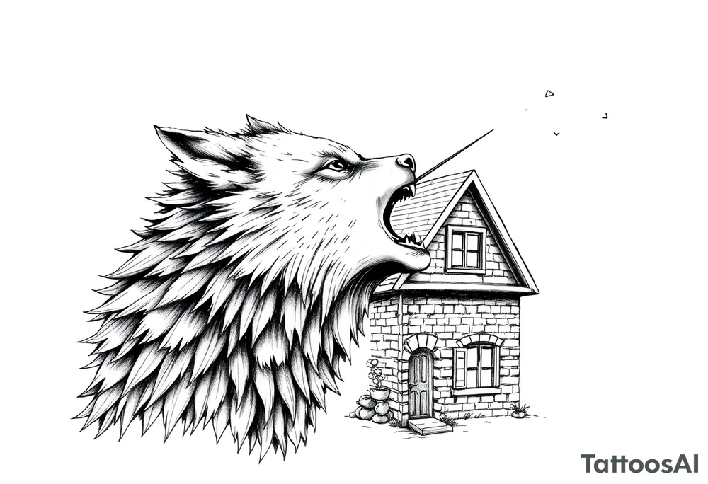 Big  wolf  blowing down   a brick house tattoo idea