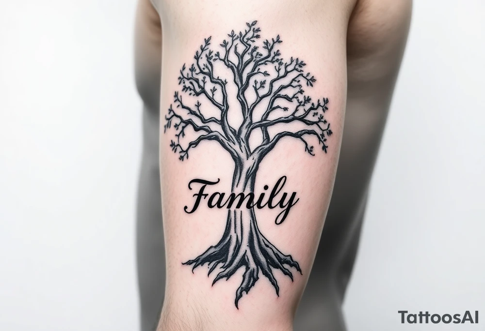 A black and gray realistic tree with engraved word family on the trunk, highlighting deep-rooted family connections tattoo idea