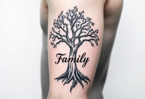 A black and gray realistic tree with engraved word family on the trunk, highlighting deep-rooted family connections tattoo idea