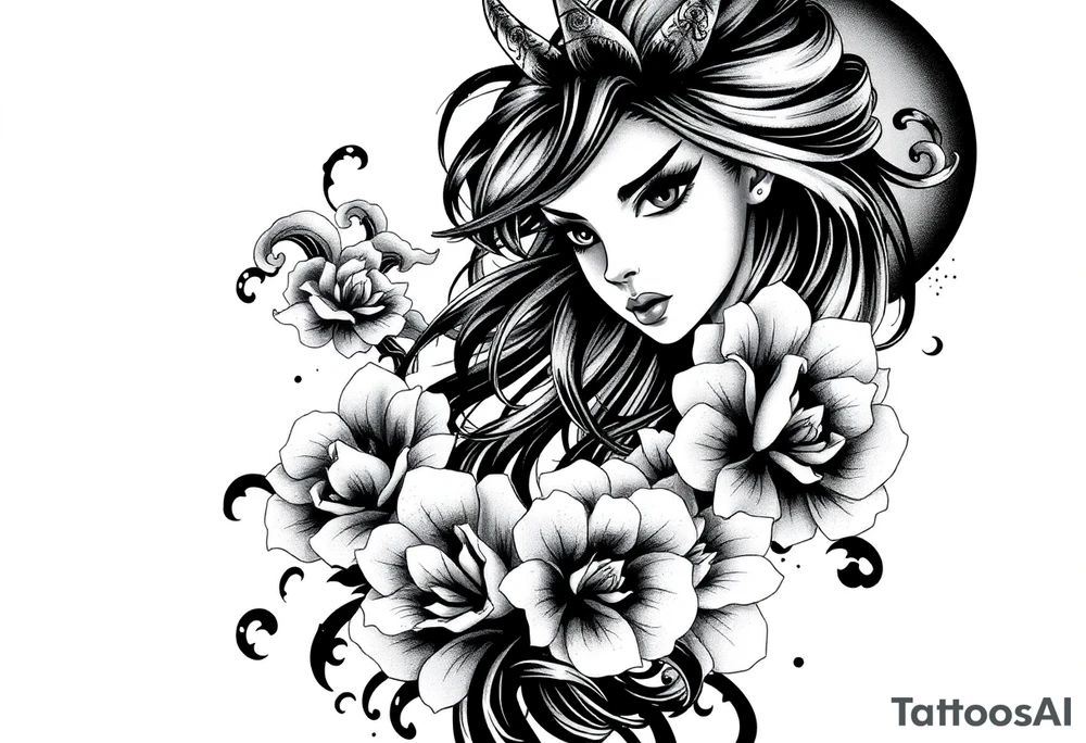 Full sleeve Japanese-inspired tattoo design featuring a beautiful female oni (demon woman) with an elegant, mysterious expression, one hand partially covering her face, long flowing hair integrated into swirling wind and wave patterns, large detailed chrysanthemums and peonies woven through the composition, dynamic negative space with bold black fills and smooth gradients, traditional Japanese cloud and water motifs, high-contrast black and grey with soft shading and sharp linework, balanced composition wrapping around the arm, modern neo-Japanese illustrative style.

– High contrast black and grey
– Neo-Japanese tattoo
– Traditional Japanese motifs
– Sleeve layout design
– Chrysanthemums, peonies, wind bars, waves
– Female oni portrait tattoo idea