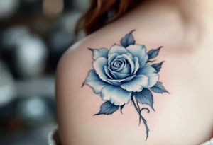 Blue rose in Art Nouveau frame, muted dusty blue petals with elegant, flowing metallic silver framing. tattoo idea