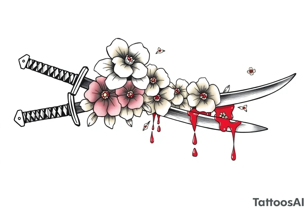 Katana with flowers and blood on the blade tattoo idea