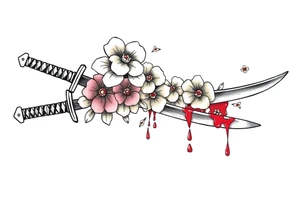 Katana with flowers and blood on the blade tattoo idea