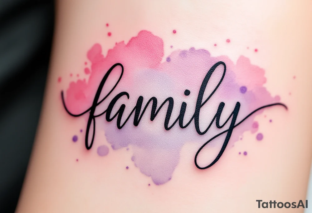 A watercolor splash in dusty rose and lavender behind the word family in sleek black ink. tattoo idea
