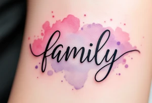 A watercolor splash in dusty rose and lavender behind the word family in sleek black ink. tattoo idea
