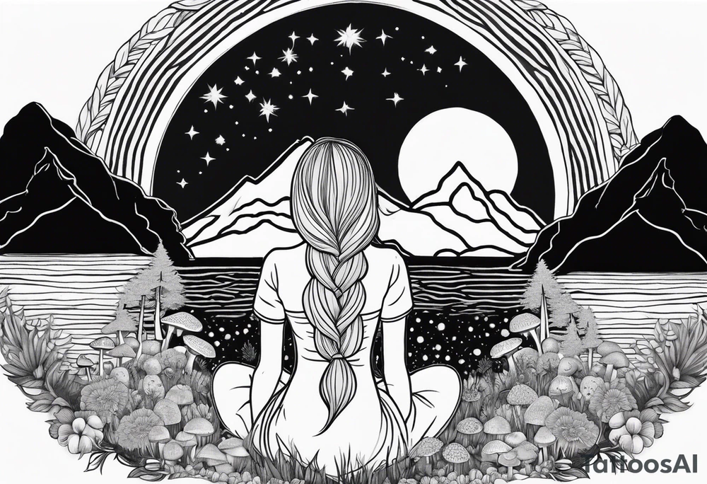 Straight blonde hair girl facing away toward mountains surrounded by mushrooms crescent moon mandala circular design black and white striped dress "8" braided into hair tattoo idea