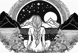 Straight blonde hair girl facing away toward mountains surrounded by mushrooms crescent moon mandala circular design black and white striped dress "8" braided into hair tattoo idea