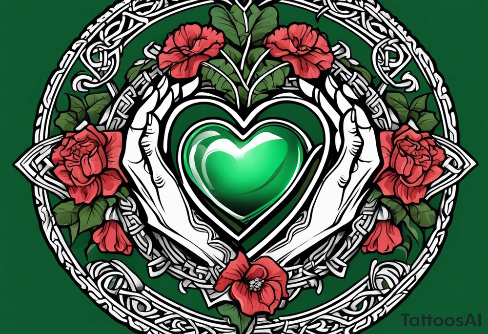 Irish Celtic symbol of love wedding ring with an Emrald green gem in the middle of the heart with a bundle of carnations, leaves, and narcissus coming out of the hands. tattoo idea