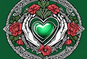 Irish Celtic symbol of love wedding ring with an Emrald green gem in the middle of the heart with a bundle of carnations, leaves, and narcissus coming out of the hands. tattoo idea