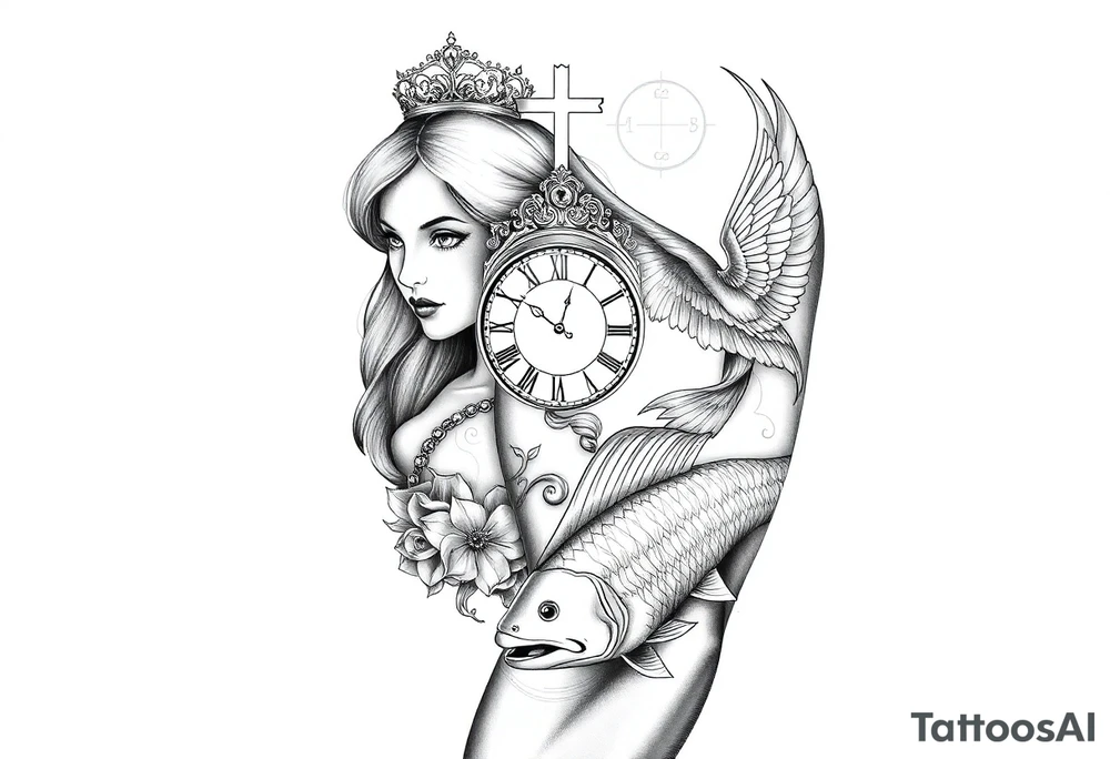 Princess and beautifully lady and a clock and cupido angels an jesus on cross and carp fish tattoo idea