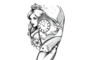 Princess and beautifully lady and a clock and cupido angels an jesus on cross and carp fish tattoo idea