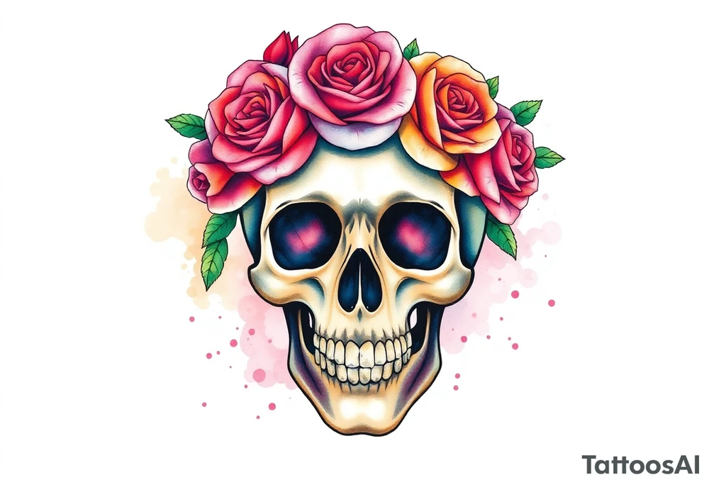 skull with crown of roses tattoo idea