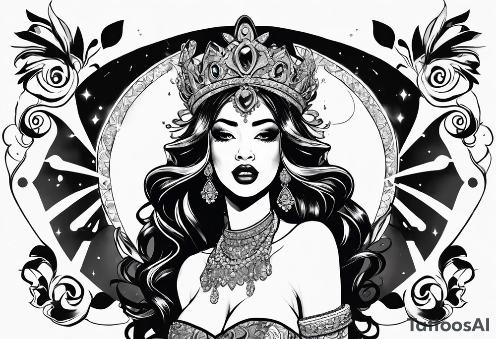 Latina Queen ahegao, tongue out drooling, happy, whitespace hentai tattoo idea