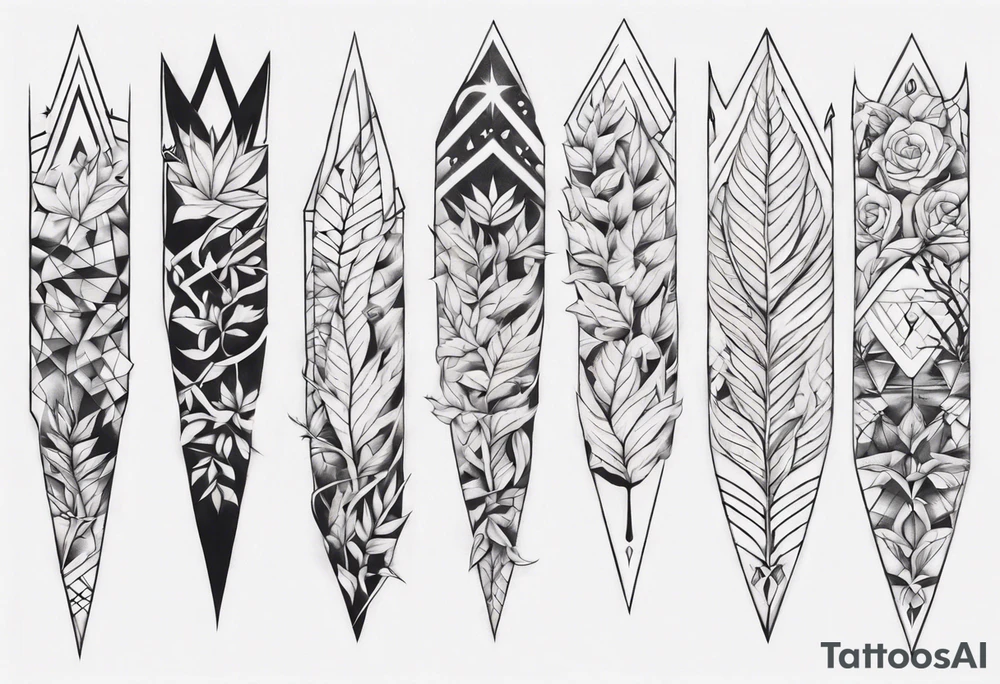 full arm tattoo. pointy leaves combined with geometric shapes. whole arm tattoo idea