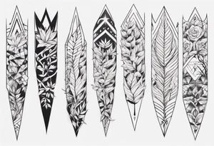 full arm tattoo. pointy leaves combined with geometric shapes. whole arm tattoo idea