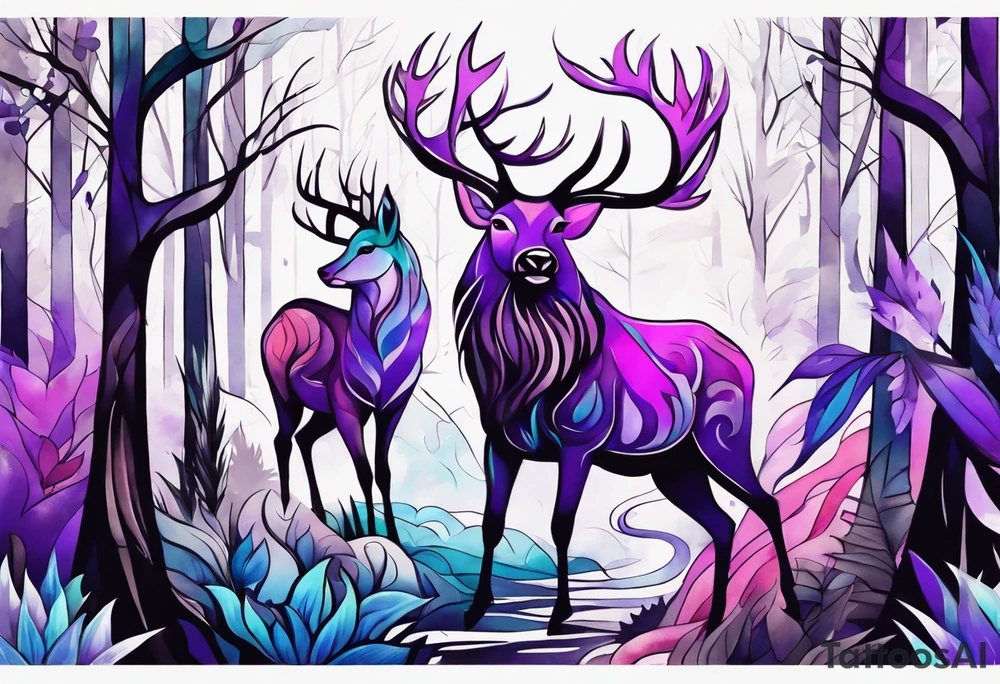 forest, lineswork, purple and black tattoo idea
