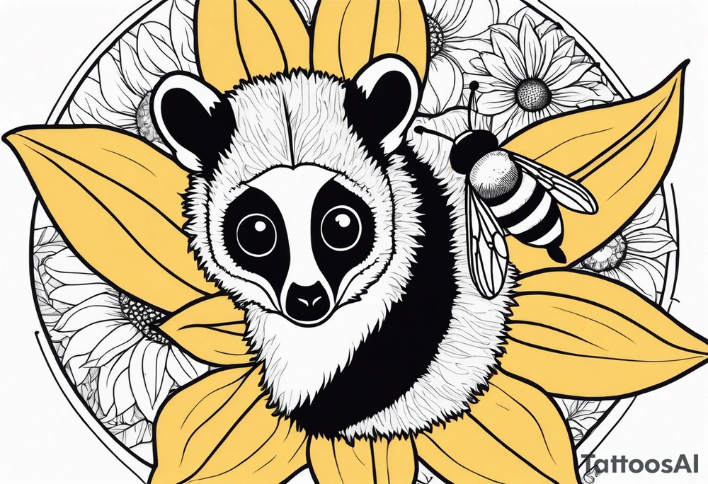 A lemur, a sunflower, and a bumble bee tattoo idea