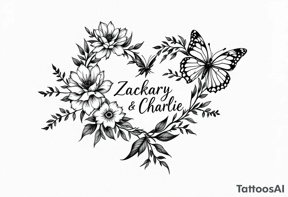 flowers, heart and butterfly with name Zackary and Charlie tattoo idea