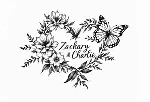 flowers, heart and butterfly with name Zackary and Charlie tattoo idea