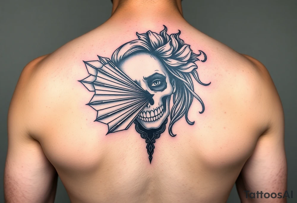 Samaria beauty  girl half face and half skeleton with a fan across her face tattoo idea