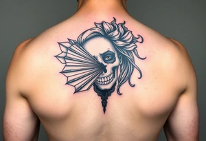 Samaria beauty  girl half face and half skeleton with a fan across her face tattoo idea