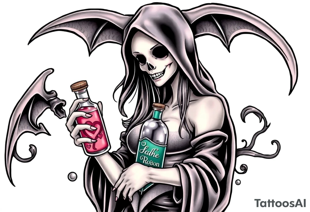 Sexy  xxx Female grim. Reaper and her
 death poison bottle tattoo idea