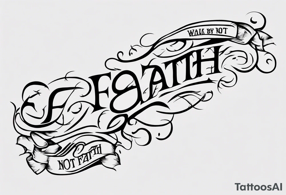 Horizontal inner bicep tattoo. “walk by faith, not by sight” stairwell wrapping around the quote. This design captures the essence of the journey guided by faith. tattoo idea