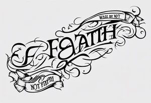 Horizontal inner bicep tattoo. “walk by faith, not by sight” stairwell wrapping around the quote. This design captures the essence of the journey guided by faith. tattoo idea
